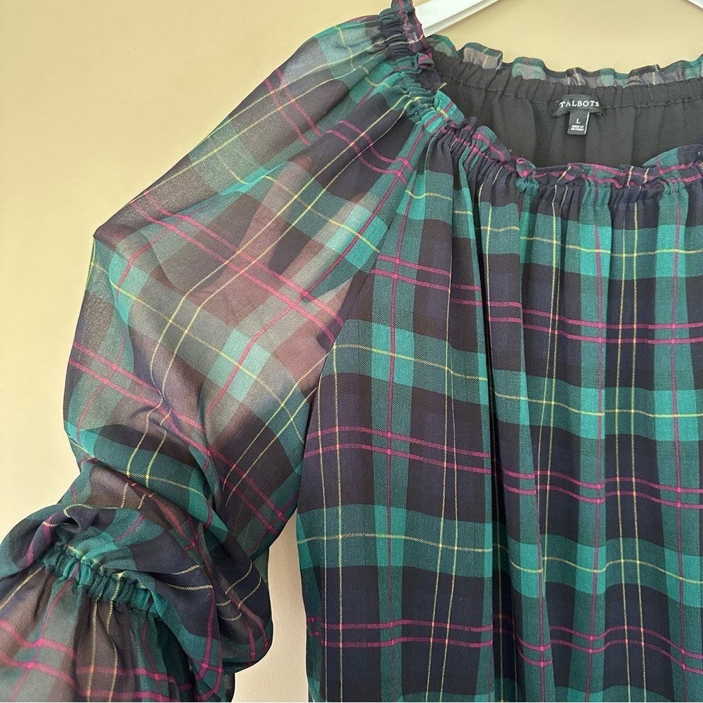 Talbots Tartan Plaid Bell Sleeve Top Women L Blouse Navy Green Ruffle Poet Sleev - Picture 7 of 13